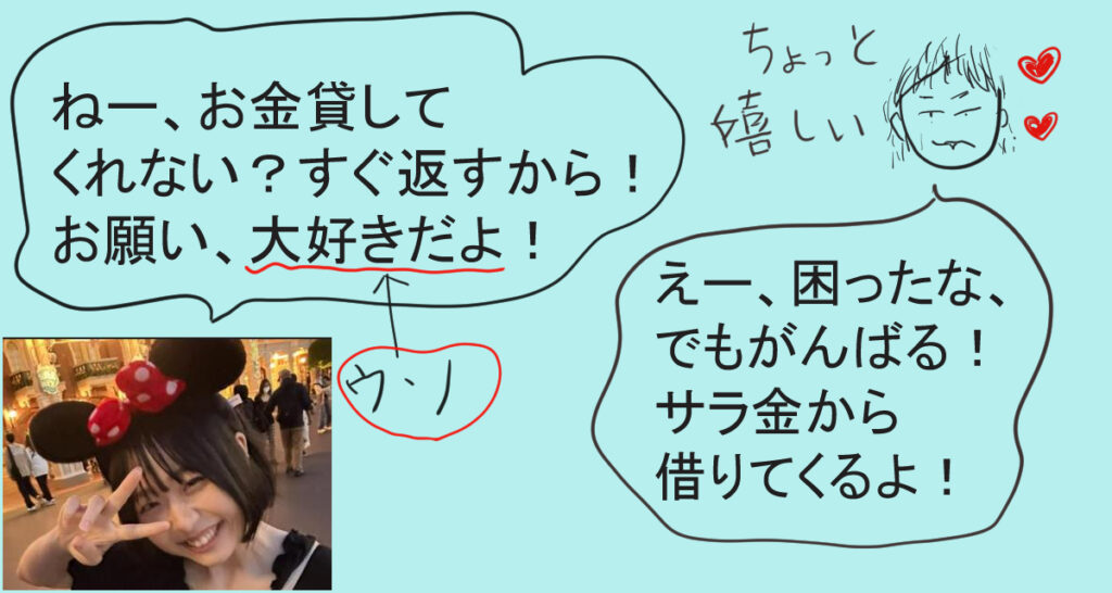 最上あい「お金貸してくれない？すぐ返すから」
高野「困ったな、でも、返してくれるなら貸してあげるよ」